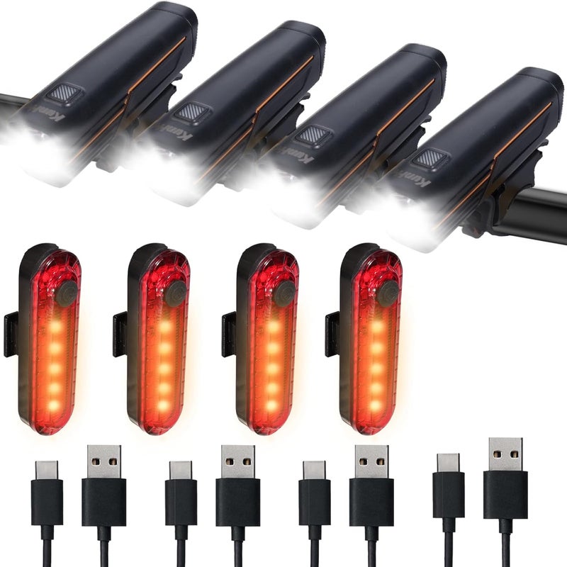 Kunhe 227 Lumens 1600mAh Bike Light Set (1or2or4 or 8 Packs) Rechargeable Front & Rear Bicycle Lights with IPX4 Waterproof 4 Modes for Night Cycling - Image 1